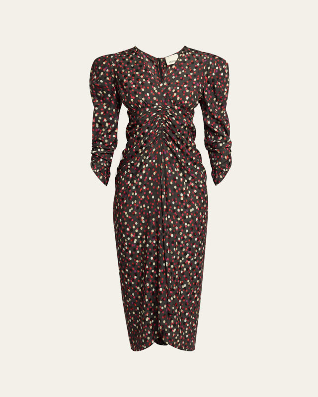Albini Polka-Dot Ruched-Sleeve Midi Dress